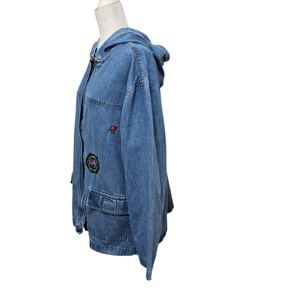 Bill Blass Vintage Hooded Jean Jacket With Novelty Patches Loosefit Womens Large - Picture 4 of 16